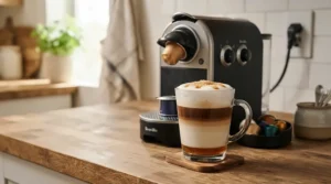 A freshly poured caramel macchiato made with a Nespresso machine for milk-based drinks on a breakfast bar.