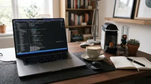 A professional working remotely while using a Nespresso machine for milk-based drinks for a afternoon pick-me-up.
