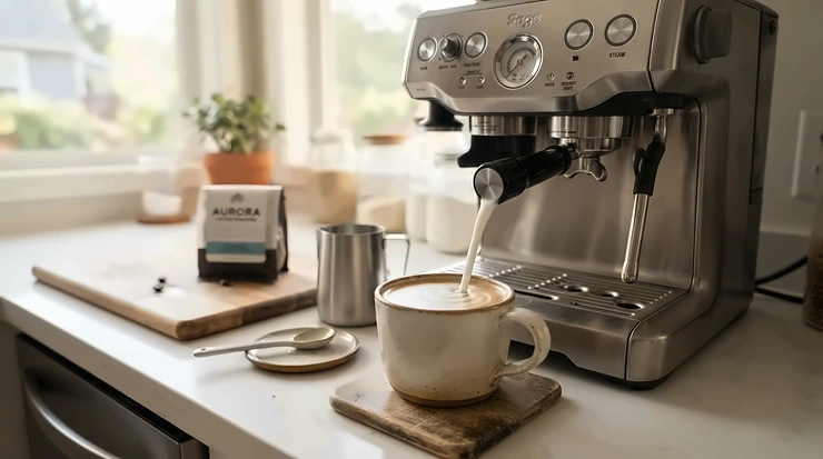 A Nespresso machine for milk-based drinks preparing a fresh latte on a sunny kitchen counter.