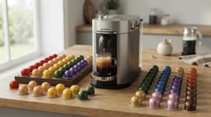 Various specialty coffee pods arranged next to a Nespresso machine for milk-based drinks.