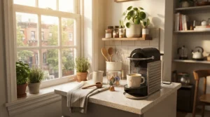 A sleek Nespresso machine for small kitchens sitting neatly on a minimalist apartment countertop.