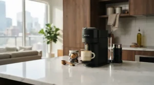A modern Nespresso machine for small kitchens featured on a sleek condo kitchen island.