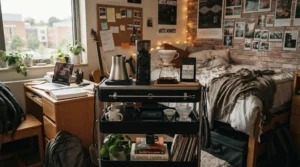 A convenient Nespresso machine for small kitchens placed on a dorm room study cart.
