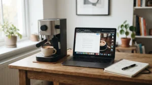 A compact Nespresso machine for small kitchens set up on a home office break station.