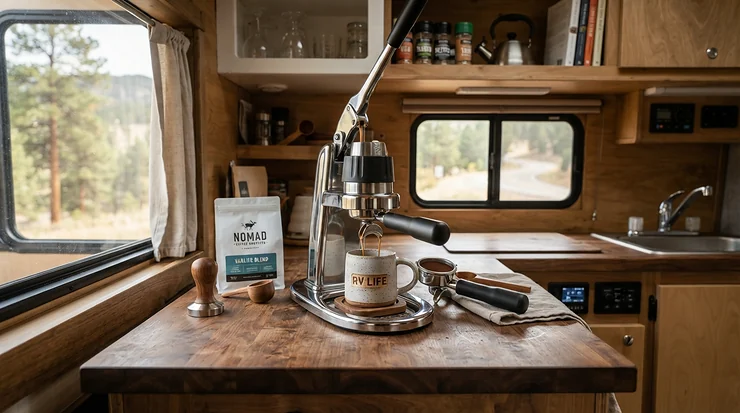 Using a space-saving Nespresso machine for small kitchens inside a modern camper van.