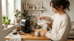 Brewing a morning espresso with a Nespresso machine for small kitchens in a cozy studio apartment.
