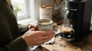 Enjoying a fresh brew from a Nespresso machine for small kitchens on a relaxed weekend morning.