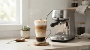 A Nespresso machine with built-in frother dispensing layers of espresso and frothed milk in a tall glass.