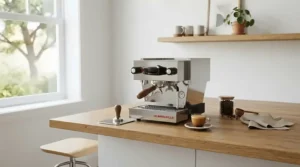 A stainless steel Nespresso machine with built-in frother showcased in a bright, contemporary family home.