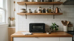 A compact thermoblock espresso machine for beginners fitting easily under low kitchen cabinets in a small urban loft.
