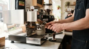 Locking in the portafilter on a simple thermoblock espresso machine for beginners designed for effortless daily use.