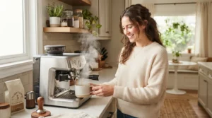 A smiling home barista using a thermoblock espresso machine for beginners that heats up quickly for a fast morning routine.