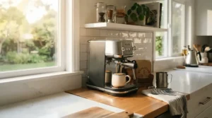 A sleek thermoblock espresso machine for beginners set up on a modern apartment kitchen countertop, ready for morning coffee.