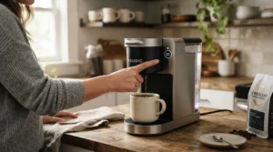 Close-up of a beginner-friendly thermoblock espresso machine for beginners showing simple buttons for one-touch operation.