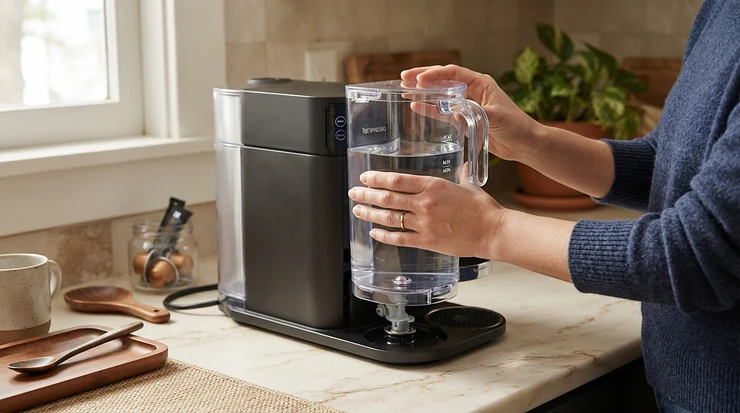 Refilling the removable water tank of a thermoblock espresso machine for beginners for hassle-free maintenance.