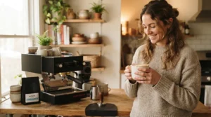 Enjoying a fresh shot poured from a thermoblock espresso machine for beginners on a relaxed Sunday morning at home.