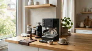 Minimalist thermoblock espresso machine for quick heat-up displayed on a small apartment counter with fast warm-up time.