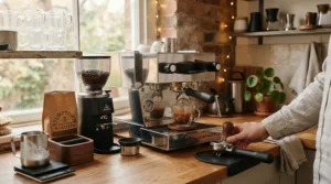A home barista coffee station featuring a thermoblock espresso machine for quick heat-up and accessories.
