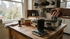 A thermoblock espresso machine for quick heat-up being used to fill a travel mug before the morning commute.