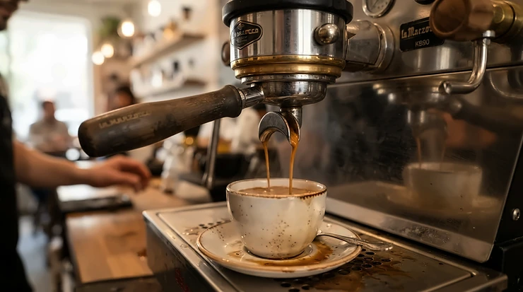 Close-up of a thermoblock espresso machine for quick heat-up pulling a rich shot for morning routine efficiency.