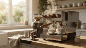 A modern thermoblock espresso machine for quick heat-up on a sleek kitchen counter during a busy morning routine.