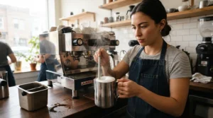 Person using the steam wand on a thermoblock espresso machine for quick heat-up to make a fast cappuccino.