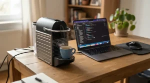 Compact thermoblock espresso machine for quick heat-up set up in a home office workspace for instant-on heating.