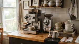 A dedicated coffee station featuring a thermoblock espresso machine for small apartments in a one-bedroom flat.