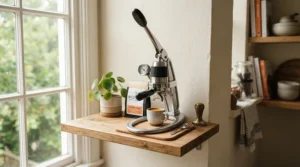 Demonstrating the space-saving design of a thermoblock espresso machine for small apartments on a narrow shelf.