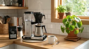 A sleek thermoblock espresso machine for small apartments set up on a cozy kitchen counter next to a window.