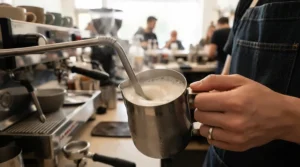 Close-up of the steam wand on a thermoblock espresso machine for small apartments frothing milk for a latte.