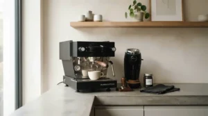 A modern thermoblock espresso machine for small apartments blending into minimalist apartment interior design.