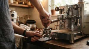 Hands tamping coffee grounds next to a thermoblock espresso machine for small apartments in a compact workspace.