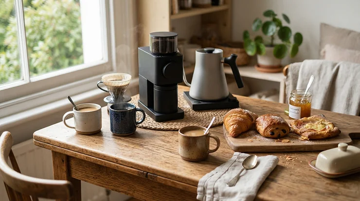 A stylish thermoblock espresso machine for small apartments placed in a cozy breakfast nook with mugs nearby.