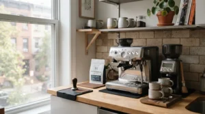 A compact thermoblock espresso machine with built-in milk frother installed on a small apartment coffee station.
