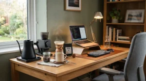 A thermoblock espresso machine with built-in milk frother set up on a dedicated coffee station in a home office.