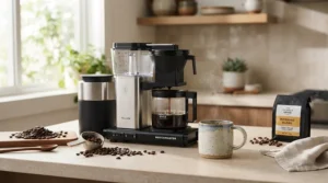 A sleek thermoblock espresso machine with built-in milk frother sitting on a modern kitchen countertop next to coffee beans.