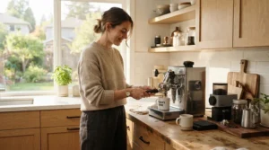 A person using a thermoblock espresso machine with built-in milk frother to prepare a morning cappuccino at home.