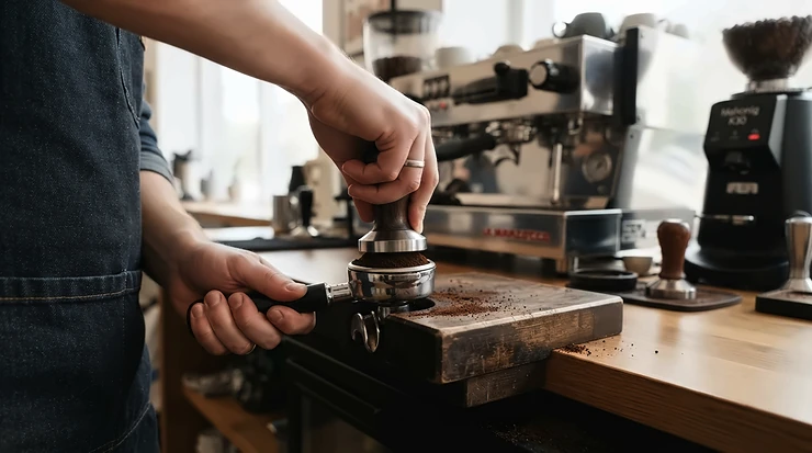 Tamping coffee grounds into a portafilter next to a thermoblock espresso machine with built-in milk frother.