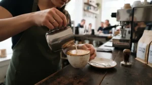 Close-up of a thermoblock espresso machine with built-in milk frother being used to pour steamed milk for latte art.