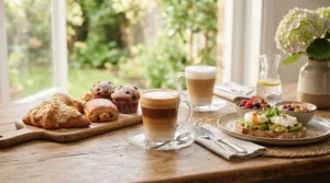 Serving coffee made with a thermoblock espresso machine with built-in milk frother during a weekend brunch gathering.
