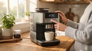 A person using a Nespresso machine with built-in frother to prepare a morning coffee drink at home.